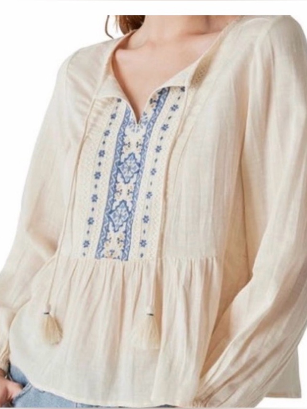 NEW‎ Lucky Brand Large Hazel Embroidered Cotton Blend Peasant Top In Cream